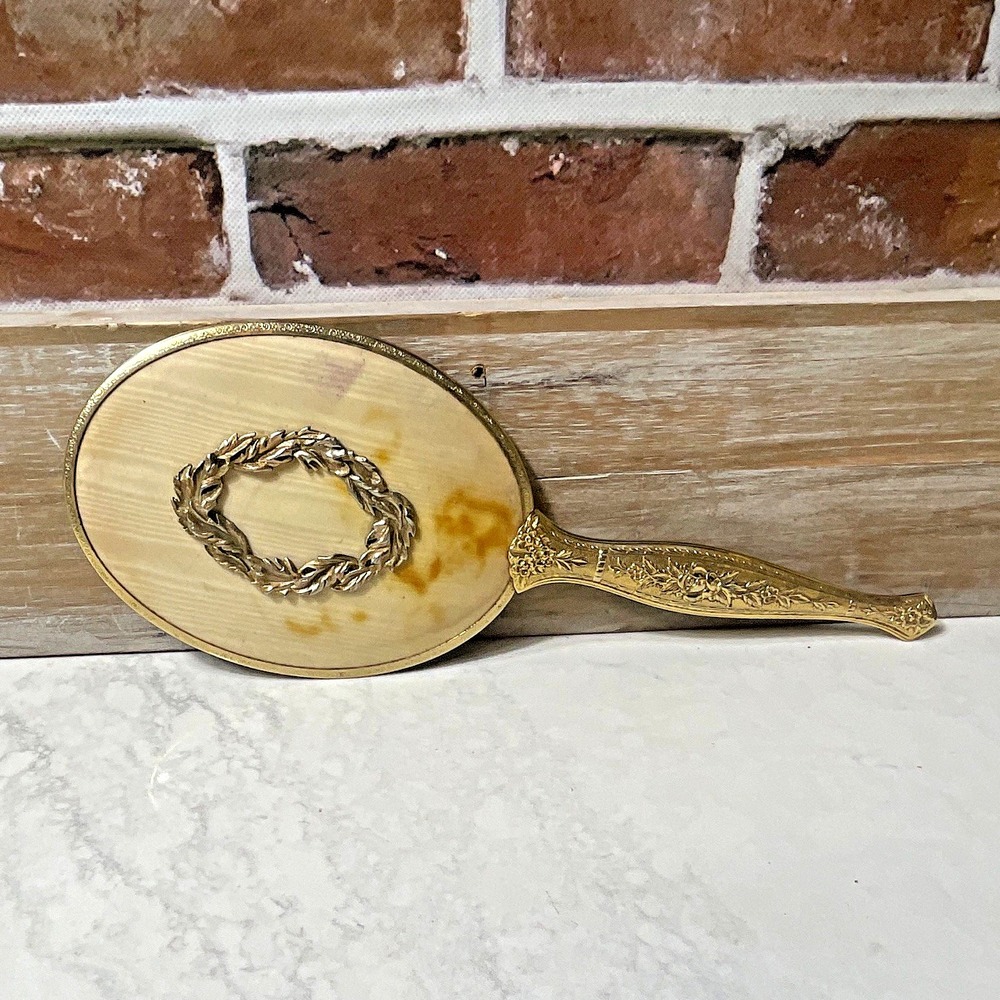 Gold-Tone Ornate Floral Handheld Vanity Oval Mirror, Approx. 12 in - Antique